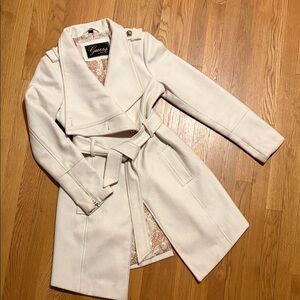 GUESS Cream White Assymetric Side Funnel Wool Wrap Military Coat Jacket SMALL